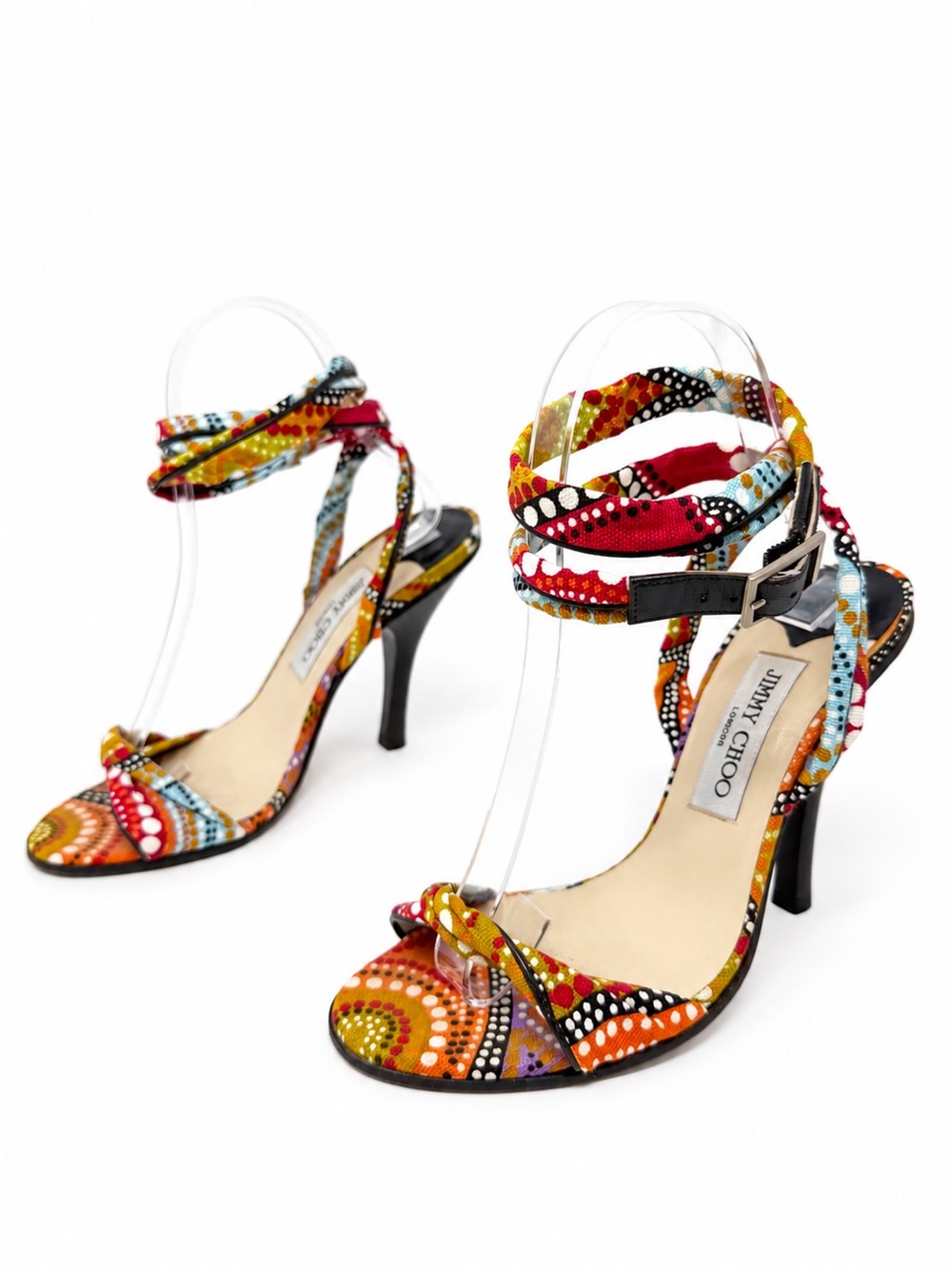 Vintage Jimmy Choo Multicolor Canvas Ankle Strap Sandal Heels Size 37.5